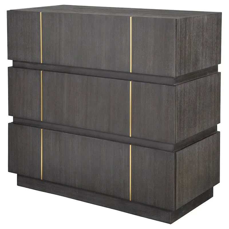 Dark Walnut Acacia Veneer Three-Drawer Accent Chest with Brass Accents