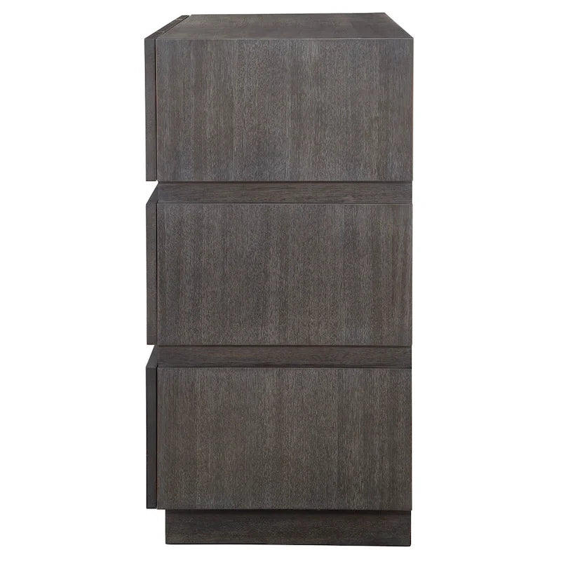 Dark Walnut Acacia Veneer Three-Drawer Accent Chest with Brass Accents