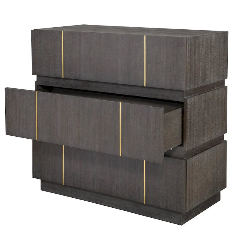 Dark Walnut Acacia Veneer Three-Drawer Accent Chest with Brass Accents